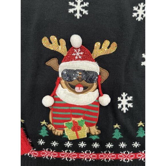 Blizzard Bay XL Christmas Sweater Pug Antlers Pom Poms Design Black Red Green - Picture 3 of 8